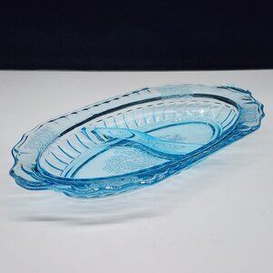Vintage Anchor Hocking Blue Mayfair Open Rose Divided Relish Dish Oval